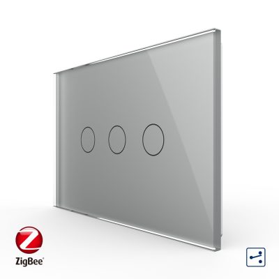 Intrerupator triplu cap scara / cap cruce cu touch Livolo din sticla, standard Italian, protocol ZigBee – Serie noua culoare gri