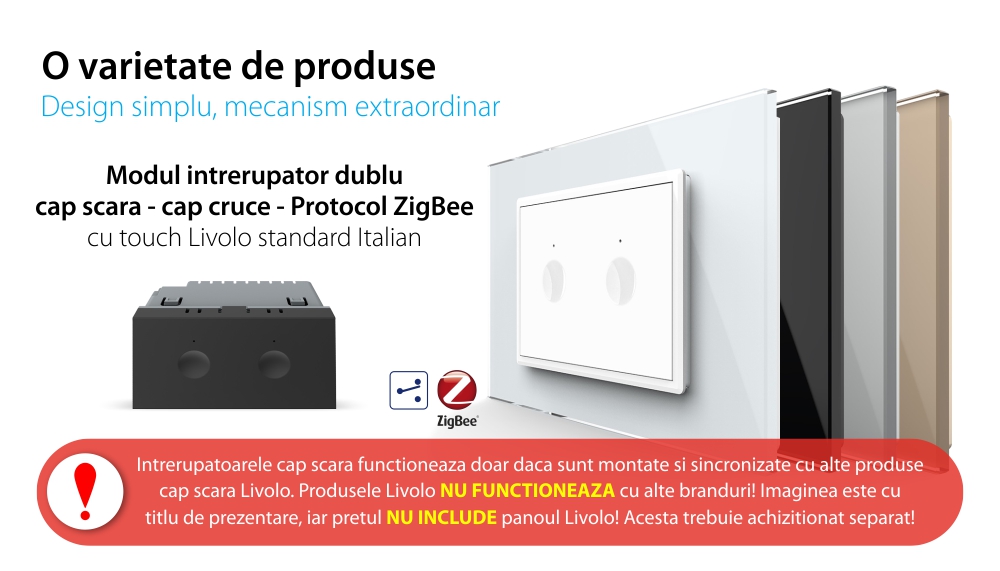 Modul intrerupator dublu cap scara / cruce cu touch Livolo standard Italian, protocol ZigBee, Serie noua