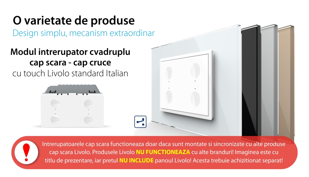 Modul intrerupator cvadruplu cap scara / cap cruce cu touch Livolo standard Italian, Serie noua