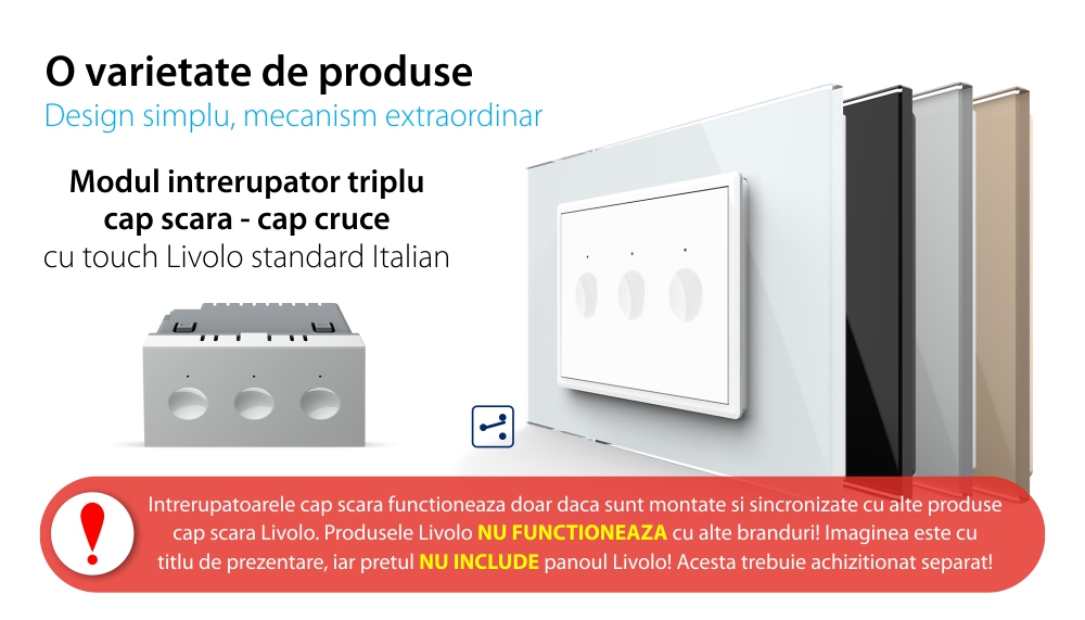 Modul intrerupator triplu cap scara / cap cruce cu touch Livolo standard Italian, Serie noua