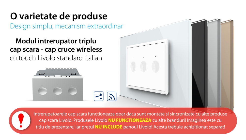 Modul intrerupator triplu cap scara / cap cruce wireless cu touch Livolo standard Italian, Serie noua