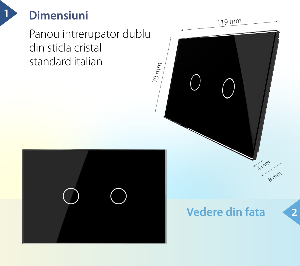 Panou intrerupator dublu cu touch Livolo din sticla, standard Italian – Serie noua