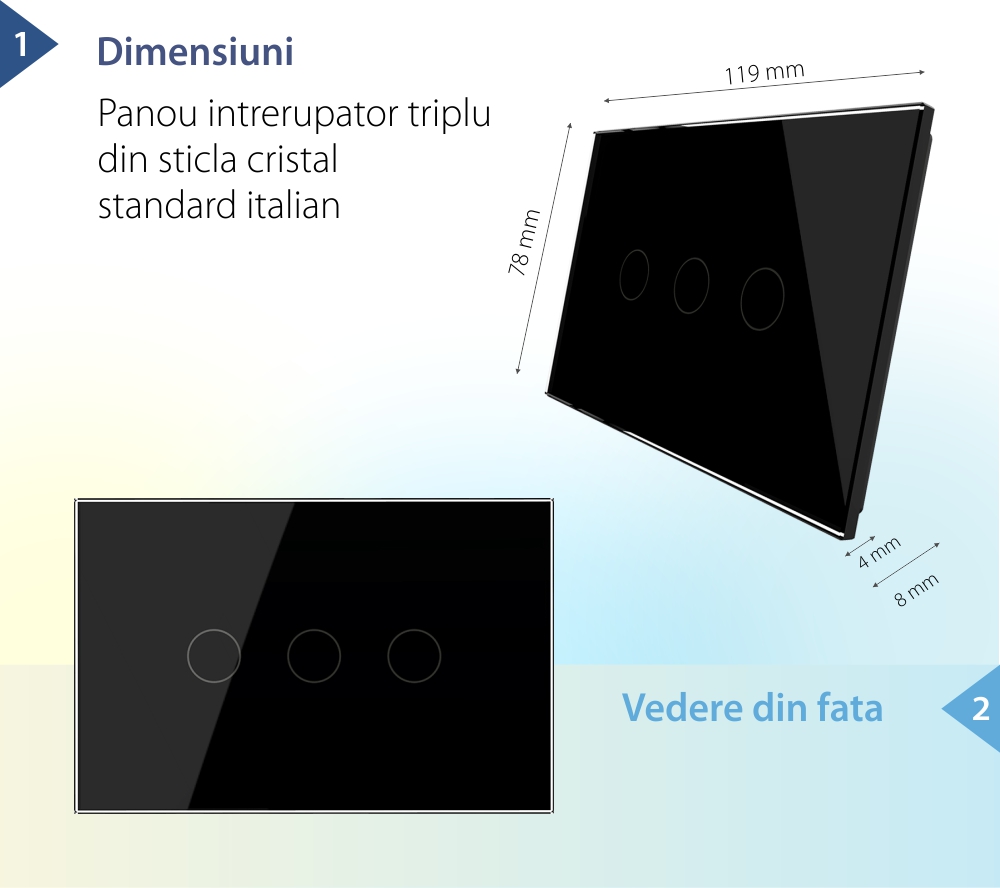 Panou intrerupator triplu cu touch Livolo din sticla, standard Italian – Serie noua