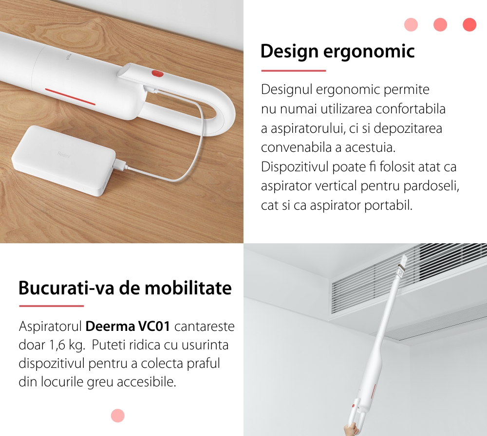 Aspirator vertical Deerma VC01, Wireless, Putere 125 W, Baterie 220 mAh, Capacitate 0.6 mL – Resigilat