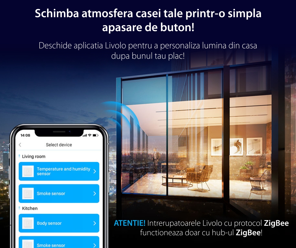 Intrerupator dublu cu touch Livolo din sticla, standard Italian, protocol ZigBee – Serie noua