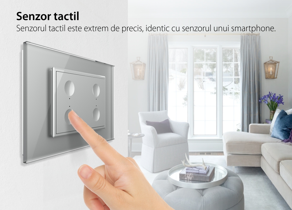 Intrerupator cvadruplu cu touch Livolo cu rama din sticla, standard Italian – Serie noua