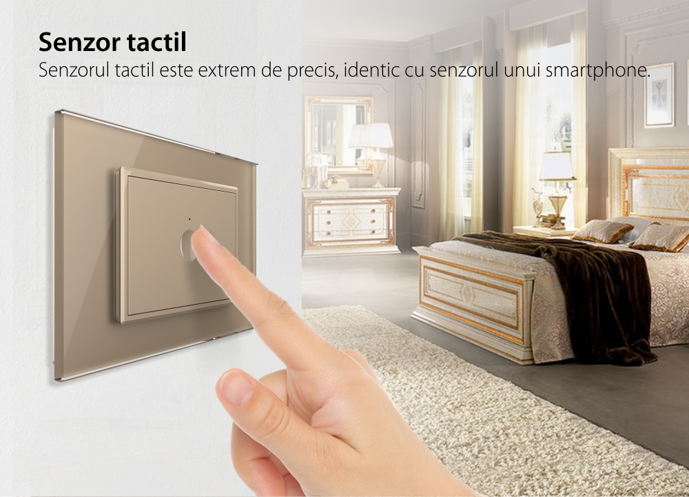 Intrerupator simplu cap scara / cap cruce cu touch Livolo cu rama din sticla, standard Italian – Serie noua