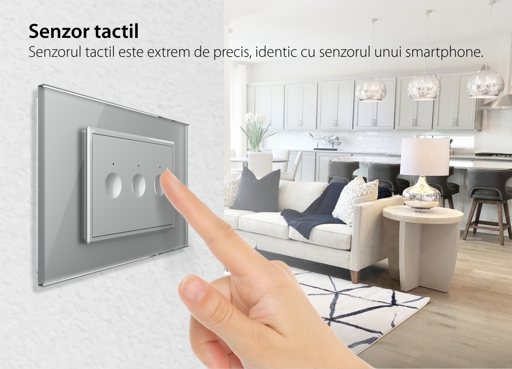 Intrerupator triplu cap scara / cap cruce cu touch Livolo cu rama din sticla, standard Italian – Serie noua