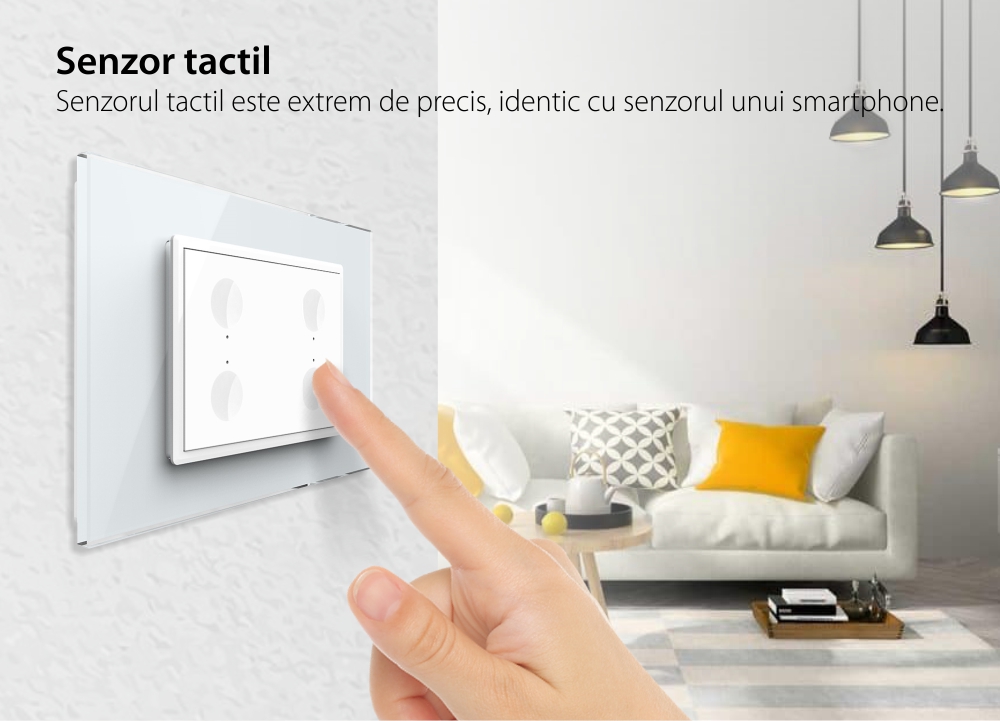 Intrerupator cvadruplu cap scara / cap cruce cu touch Livolo cu rama din sticla, standard Italian – Serie noua