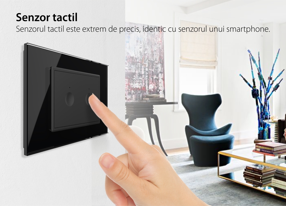 Intrerupator dublu wireless cu touch Livolo cu rama din sticla, standard Italian – Serie noua