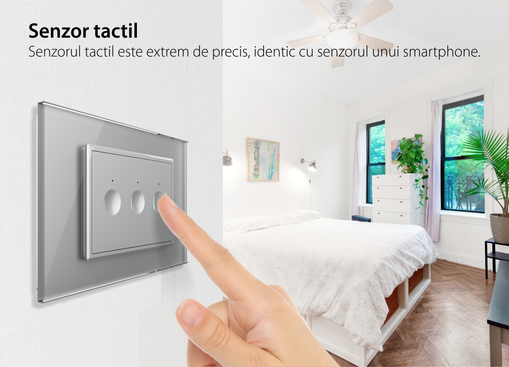 Intrerupator triplu wireless cu touch Livolo cu rama din sticla, standard Italian – Serie noua