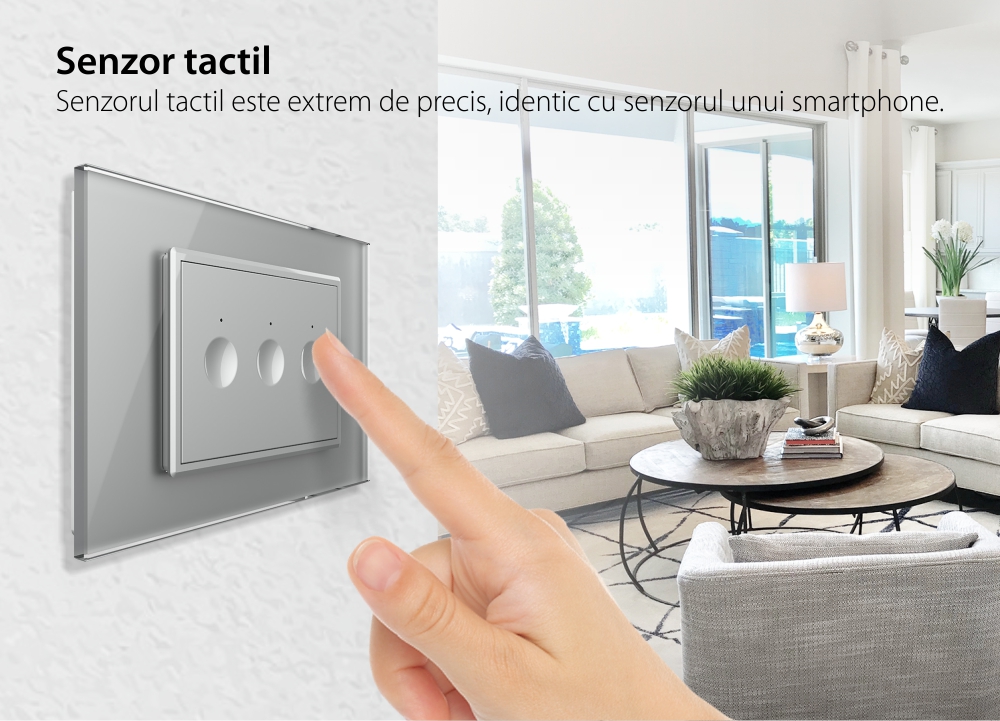 Intrerupator triplu cap scara / cap cruce wireless cu touch Livolo cu rama din sticla, standard Italian – Serie noua