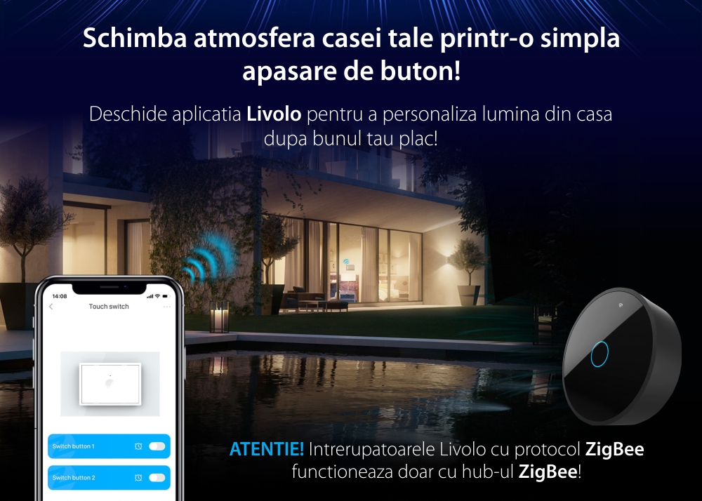 Intrerupator simplu cu touch Livolo cu rama din sticla, protocol ZigBee, standard Italian – Serie noua