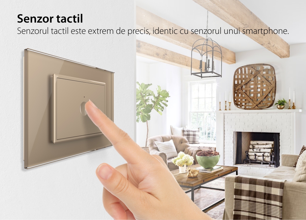 Intrerupator simplu cap scara / cap cruce cu touch Livolo cu rama din sticla, standard Italian, protocol ZigBee – Serie noua