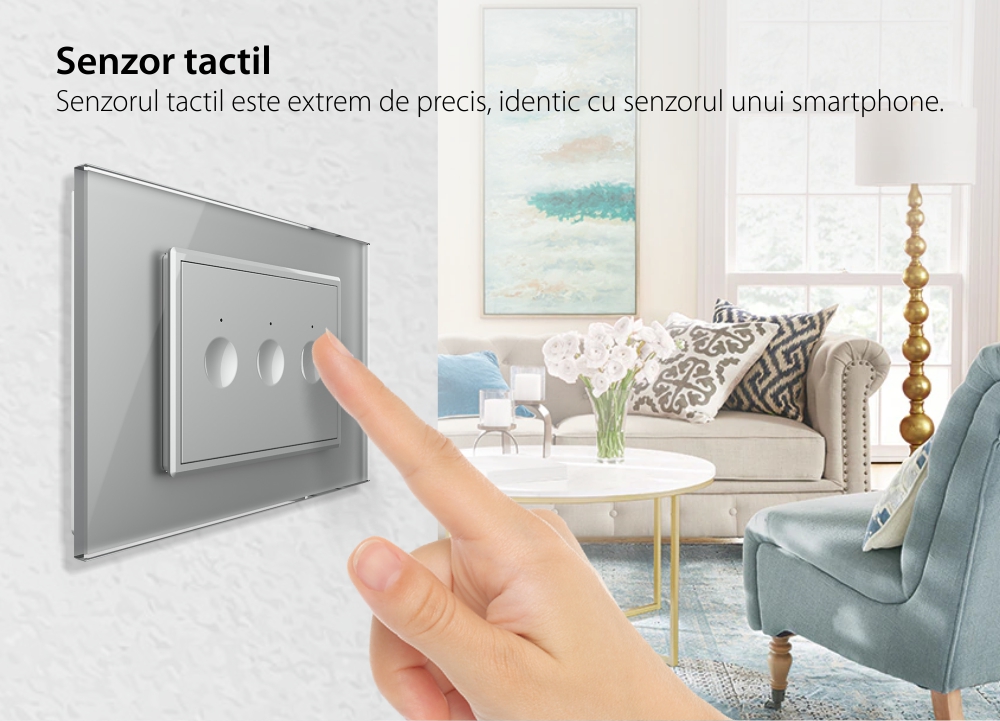 Intrerupator triplu cap scara / cap cruce cu touch Livolo cu rama din sticla, standard Italian, protocol ZigBee – Serie noua