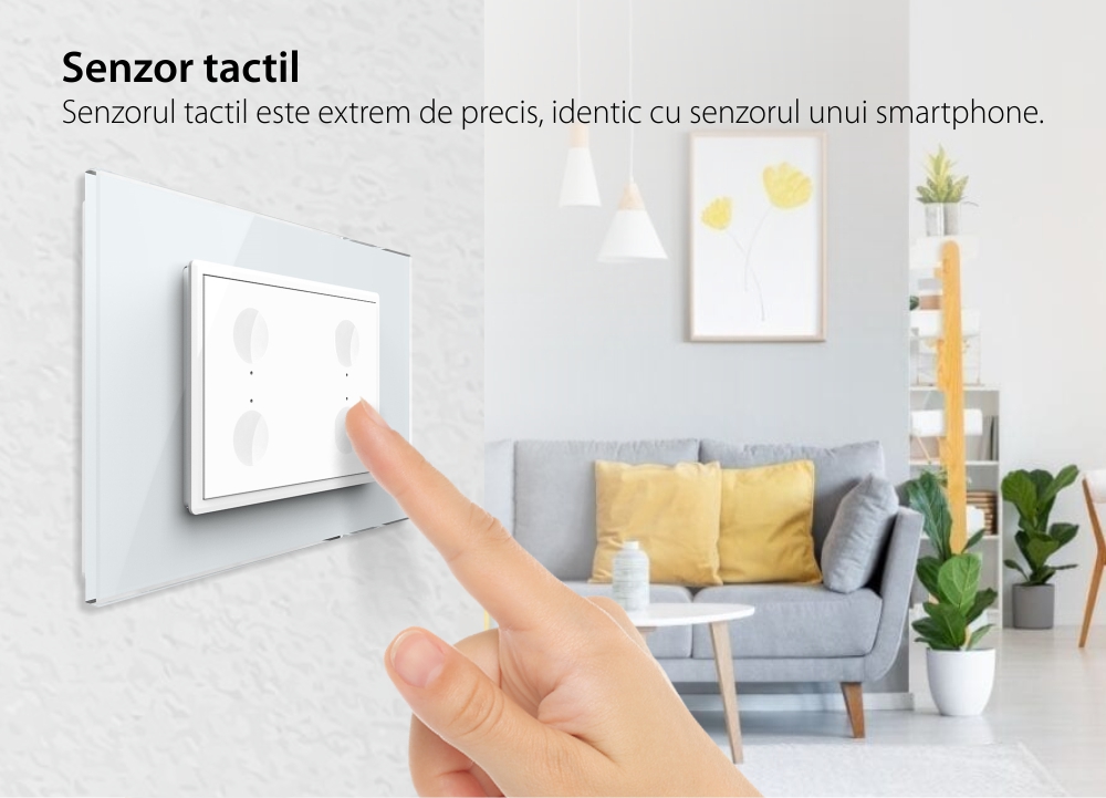 Intrerupator cvadruplu cap scara / cap cruce cu touch Livolo cu rama din sticla, standard Italian, protocol ZigBee – Serie noua