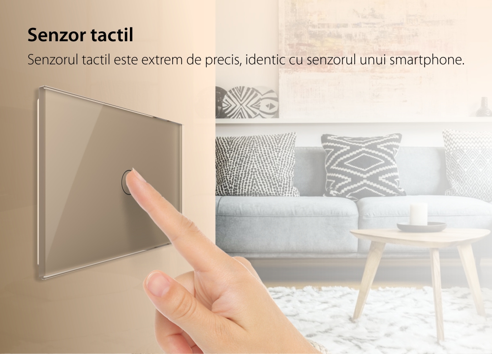 Intrerupator simplu cap scara / cap cruce cu touch Livolo din sticla, standard Italian, protocol ZigBee – Serie noua