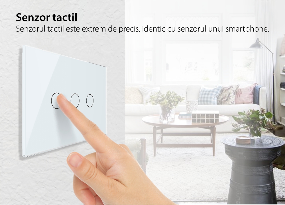 Intrerupator triplu cap scara / cap cruce cu touch Livolo din sticla, standard Italian, protocol ZigBee – Serie noua