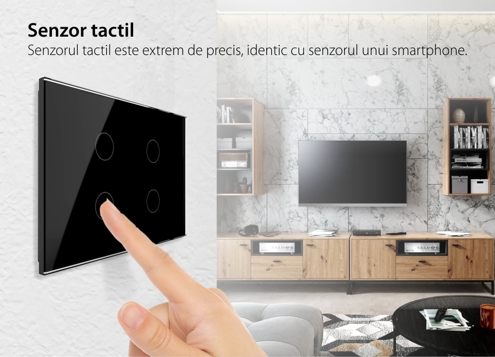 Intrerupator cvadruplu cap scara / cap cruce cu touch Livolo din sticla, standard Italian, protocol ZigBee – Serie noua