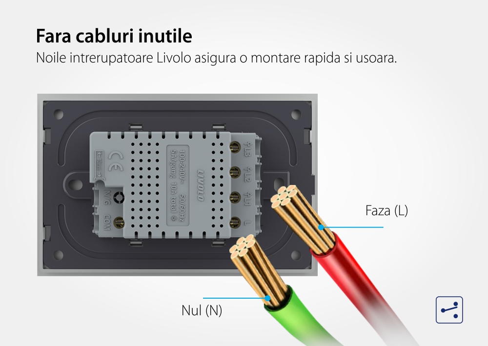 Intrerupator triplu cap scara / cap cruce cu touch Livolo cu rama din sticla, standard Italian – Serie noua