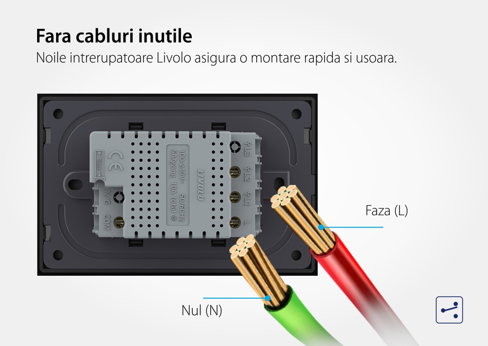 Intrerupator dublu cap scara / cap cruce cu touch Livolo cu rama din sticla, standard Italian – Serie noua