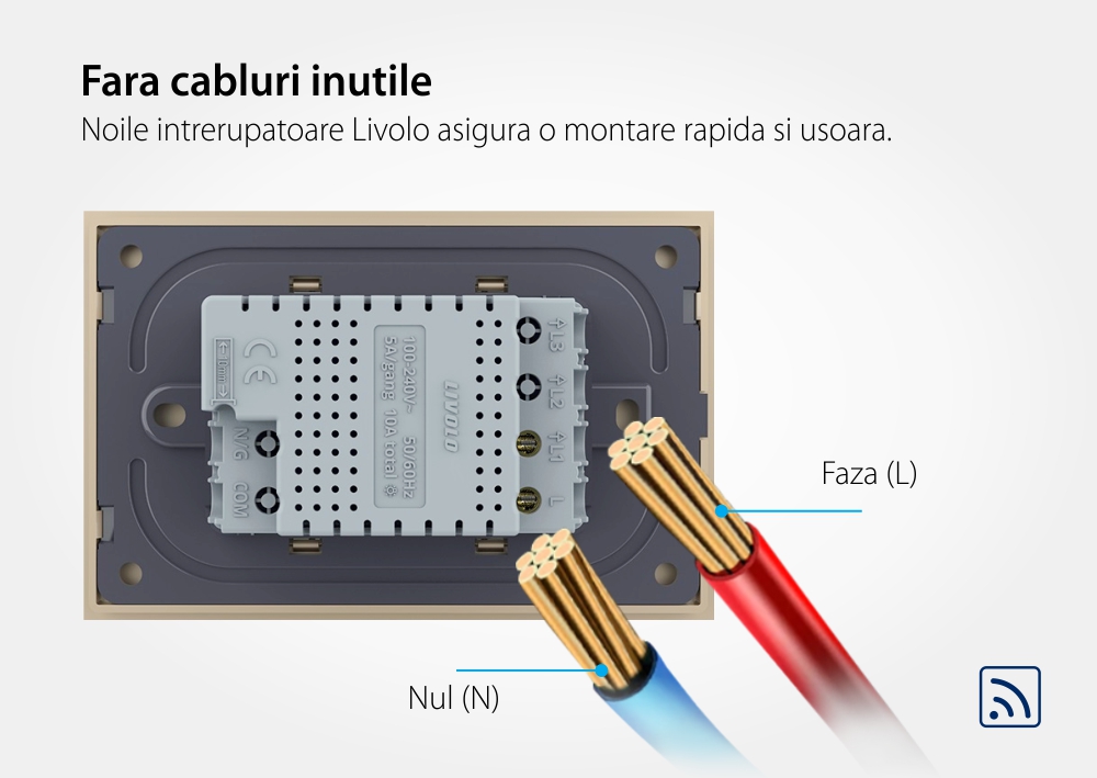 Intrerupator dublu wireless cu touch Livolo cu rama din sticla, standard Italian – Serie noua