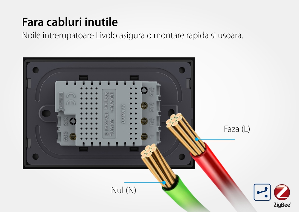 Intrerupator dublu cap scara / cap cruce cu touch Livolo cu rama din sticla, standard Italian, protocol ZigBee – Serie noua