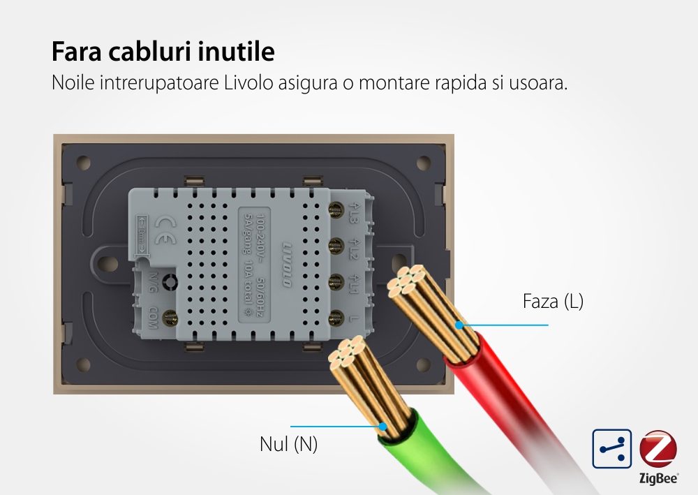 Intrerupator triplu cap scara / cap cruce cu touch Livolo cu rama din sticla, standard Italian, protocol ZigBee – Serie noua