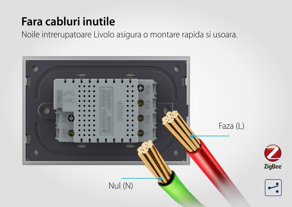 Intrerupator dublu cap scara / cap cruce cu touch Livolo din sticla, standard Italian, protocol ZigBee – Serie noua