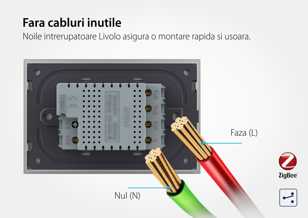 Intrerupator triplu cap scara / cap cruce cu touch Livolo din sticla, standard Italian, protocol ZigBee – Serie noua