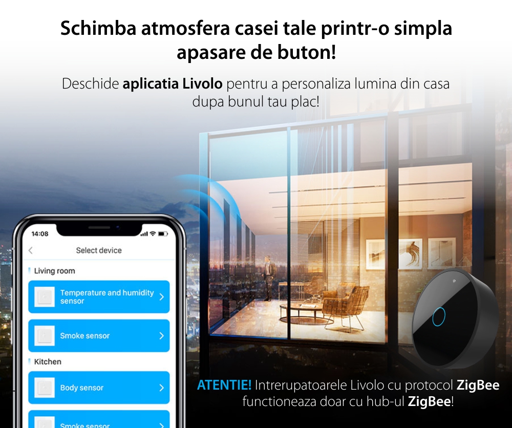 Modul intrerupator cvadruplu cu touch Livolo, protocol ZigBee, standard Italian, Serie noua