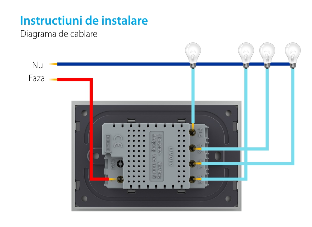 Modul intrerupator cvadruplu cu touch Livolo standard Italian, Serie noua