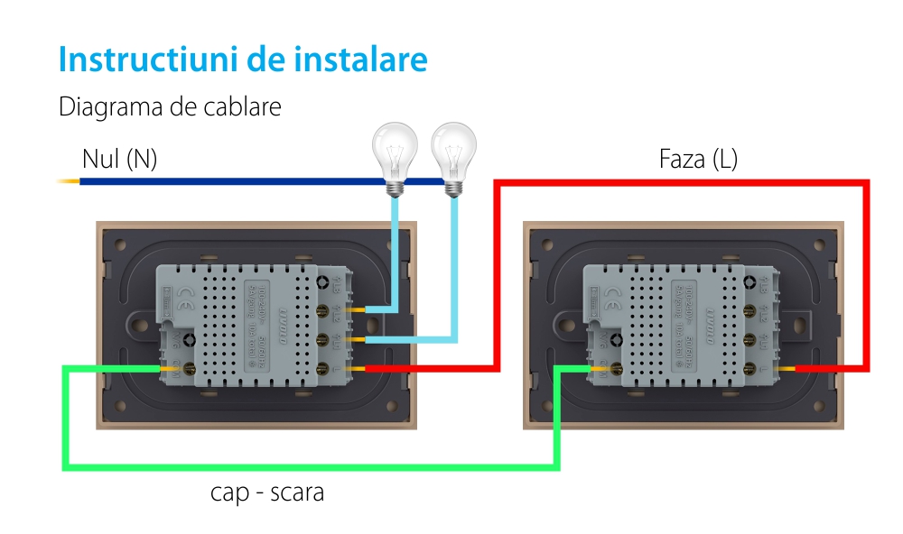 Modul intrerupator dublu cap scara / cap cruce cu touch Livolo standard Italian, Serie noua