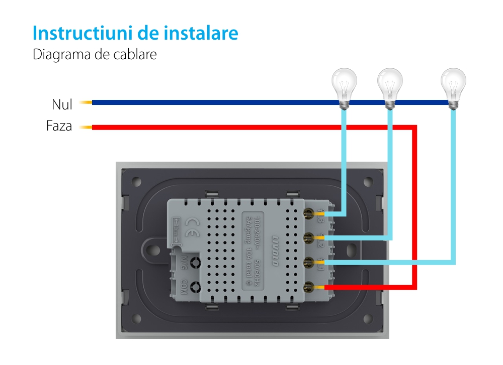 Modul intrerupator triplu wireless cu touch Livolo standard Italian, Serie noua