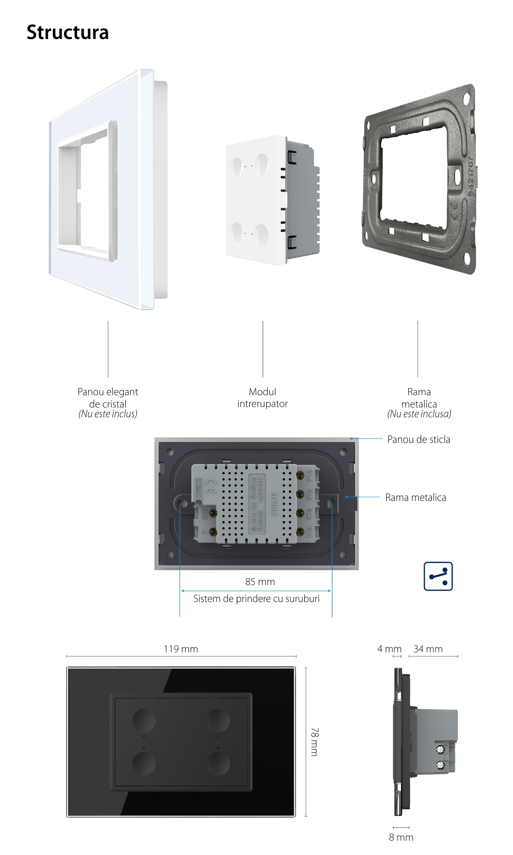 Modul intrerupator cvadruplu cap scara / cap cruce cu touch Livolo standard Italian, Serie noua