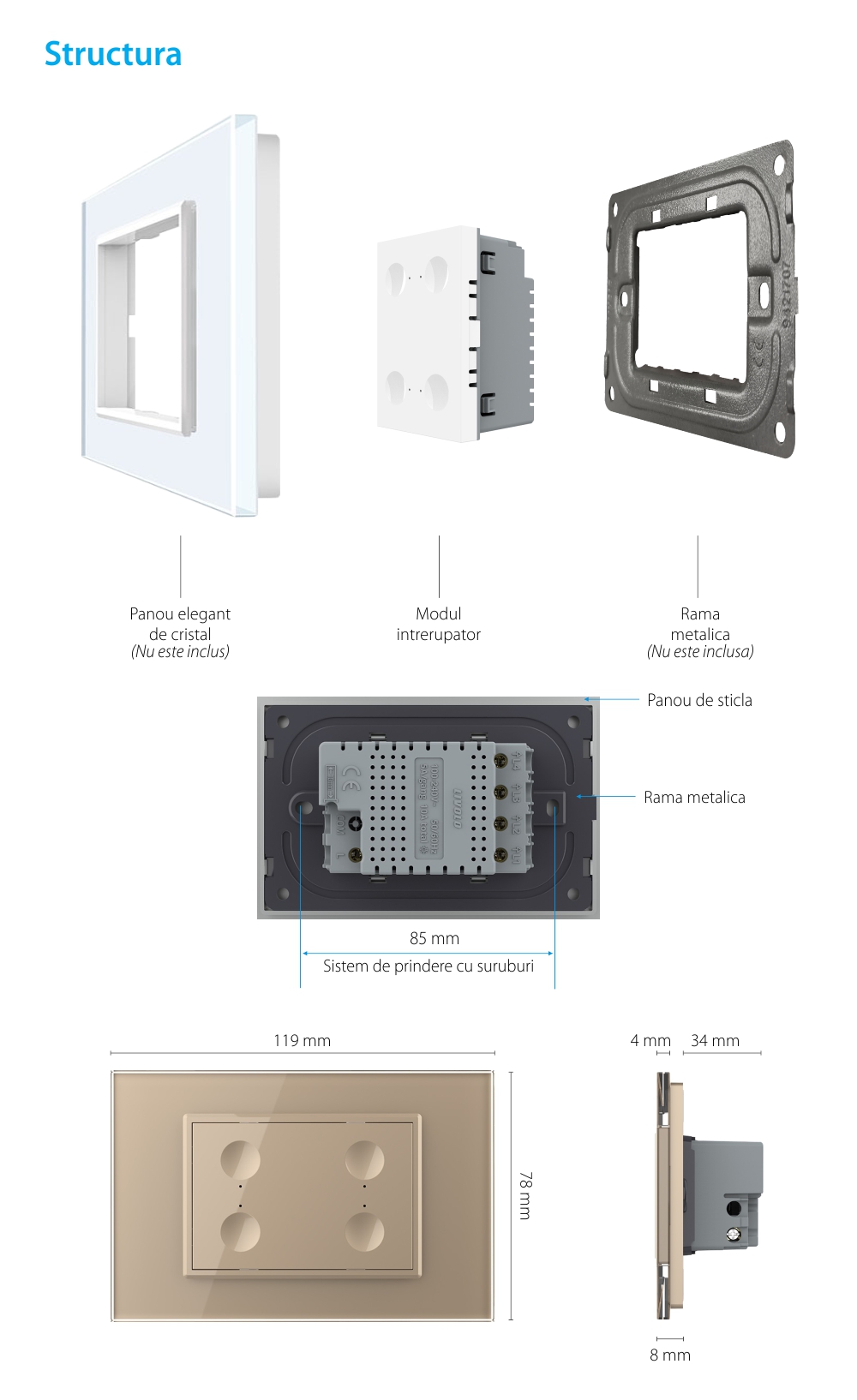 Modul intrerupator cvadruplu cu touch Livolo standard Italian, Serie noua