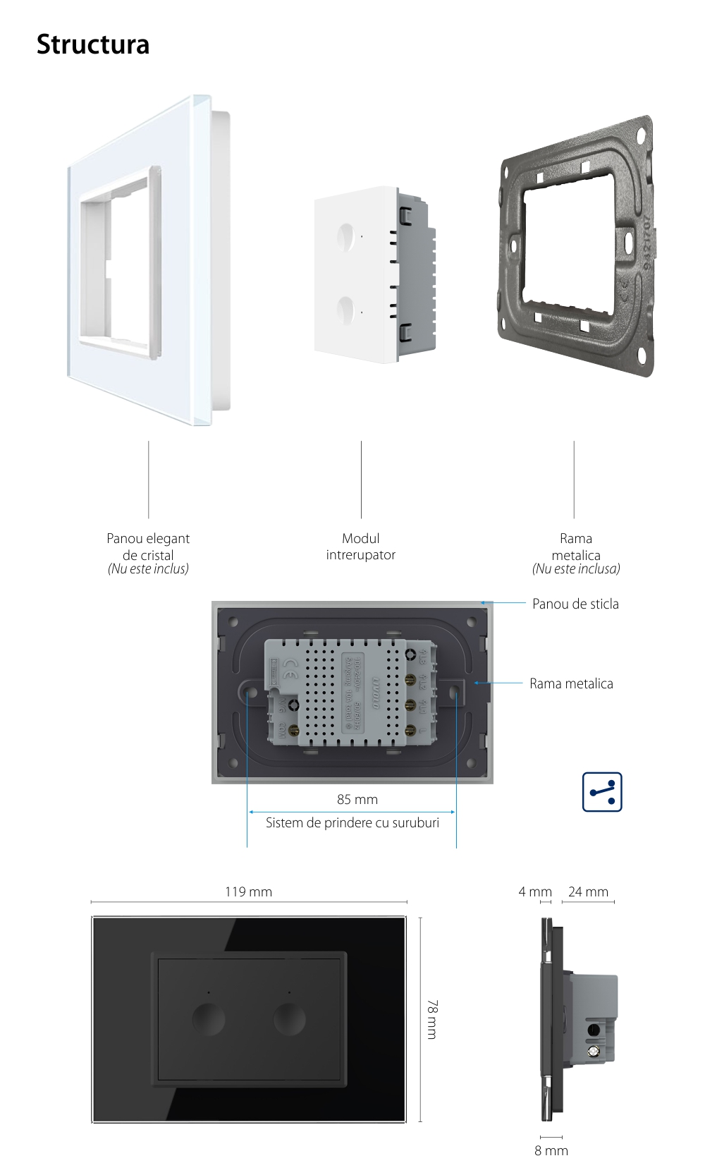 Modul intrerupator dublu cap scara / cap cruce cu touch Livolo standard Italian, Serie noua