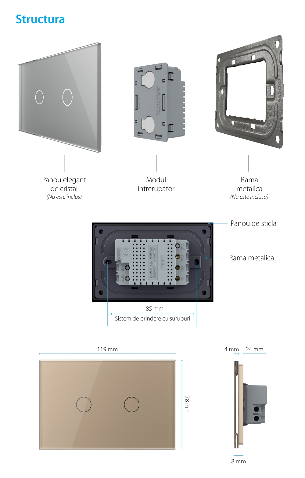 Modul intrerupator dublu cu touch Livolo standard Italian