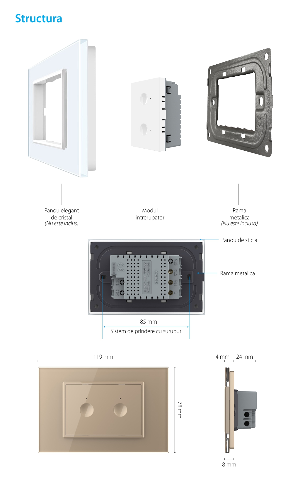 Modul intrerupator dublu cu touch Livolo standard Italian, Serie noua