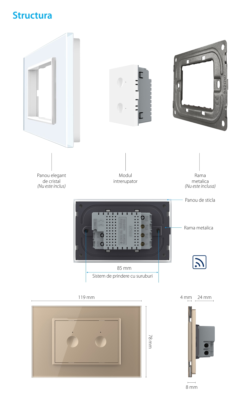 Modul intrerupator dublu wireless cu touch Livolo standard Italian, Serie noua