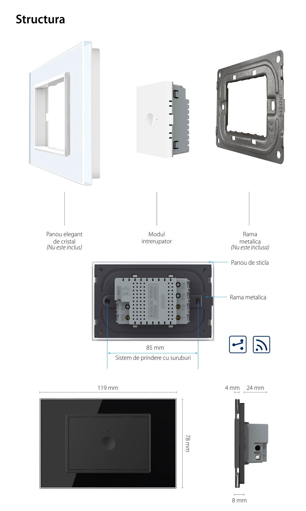 Modul intrerupator simplu cap scara / cap cruce wireless cu touch Livolo standard Italian, Serie noua