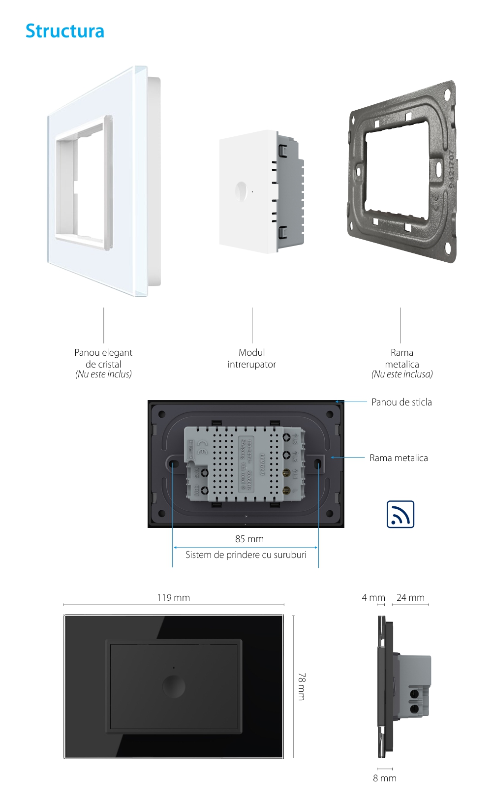 Modul intrerupator simplu wireless cu touch Livolo standard Italian, Serie noua