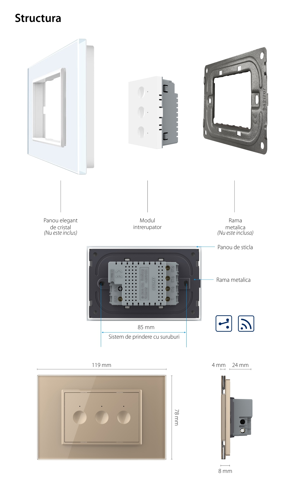 Modul intrerupator triplu cap scara / cap cruce wireless cu touch Livolo standard Italian, Serie noua