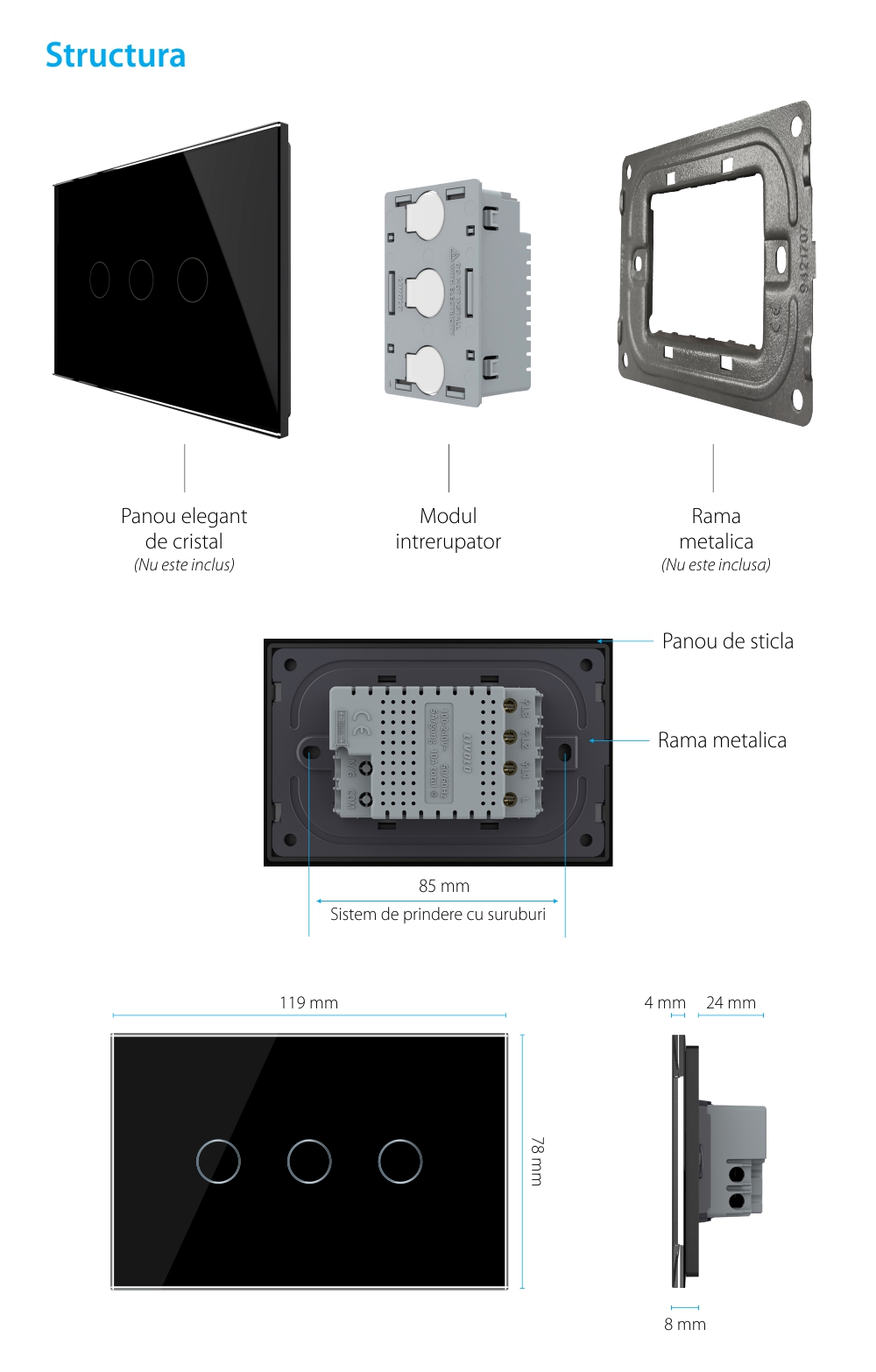 Modul intrerupator triplu cu touch Livolo standard Italian