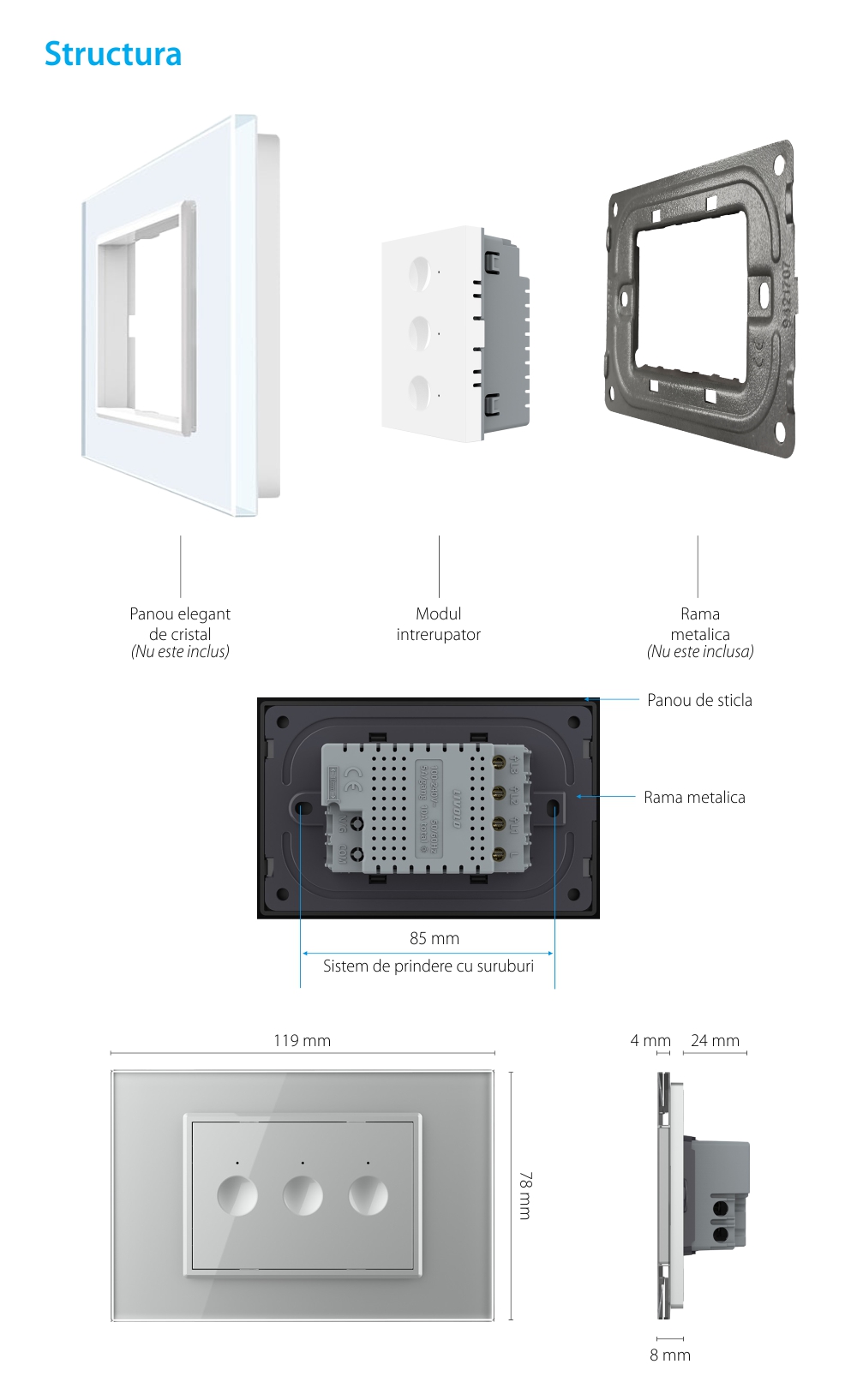 Modul intrerupator triplu cu touch Livolo standard Italian, Serie noua