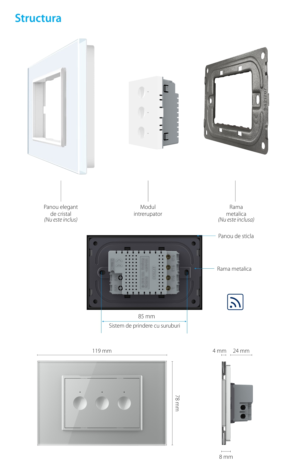 Modul intrerupator triplu wireless cu touch Livolo standard Italian, Serie noua