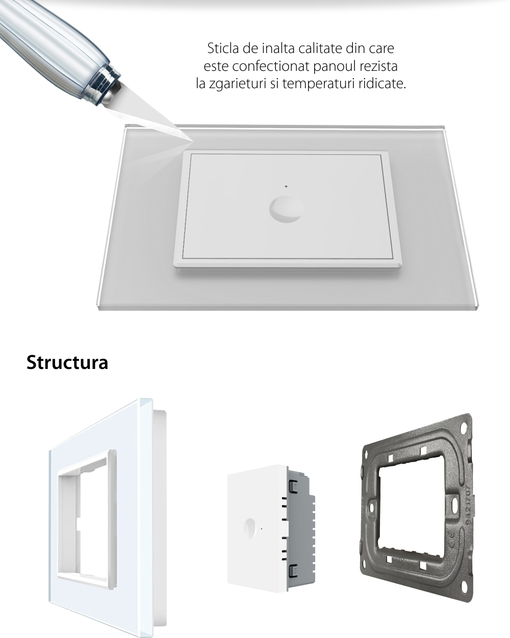 Intrerupator simplu cap scara / cap cruce cu touch Livolo cu rama din sticla, standard Italian – Serie noua