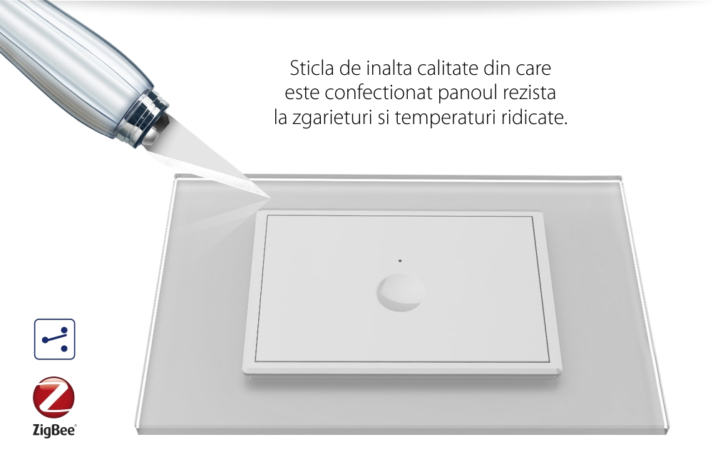 Intrerupator simplu cap scara / cap cruce cu touch Livolo cu rama din sticla, standard Italian, protocol ZigBee – Serie noua