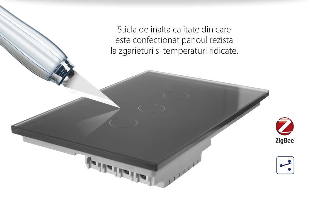 Intrerupator triplu cap scara / cap cruce cu touch Livolo din sticla, standard Italian, protocol ZigBee – Serie noua