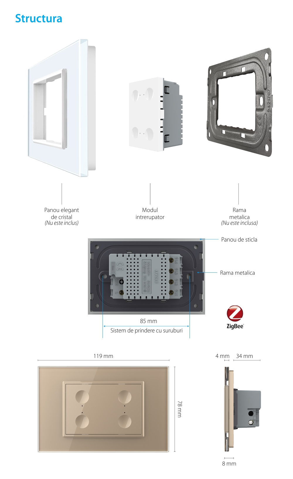 Modul intrerupator cvadruplu cu touch Livolo, protocol ZigBee, standard Italian, Serie noua